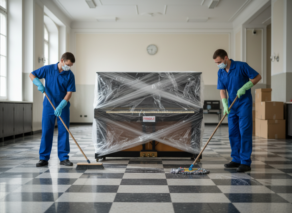 Cleaners In Blue Coveralls Sweeping And Moping With An Upright Piano Fully Wrapped In Cellophane