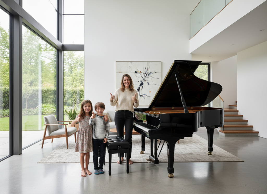 Happy With Piano Movers Mom And Her Two Children Give A Thumbs Up While Standing Next To Their Piano