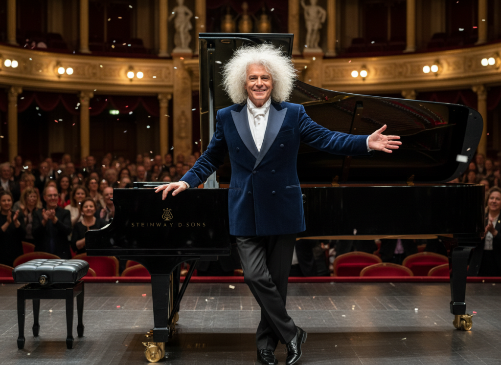 Master Piano Player Maestro With Wild Hair Stands Proudly Next To His Grand Piano.