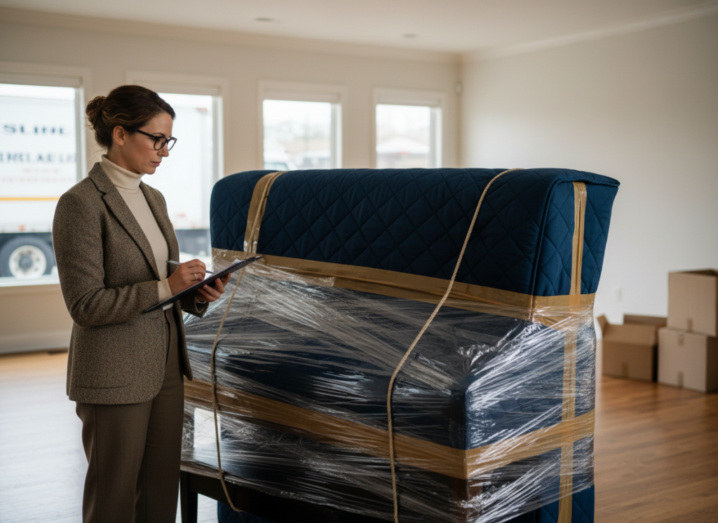 White Glove Concierge Agent Checks Piano Wrap For Quality Wrap